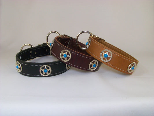 The Southern Star   1-1/2' Wide Turquoise Star Concho Leather Dog Collar - Bully Boy Collection