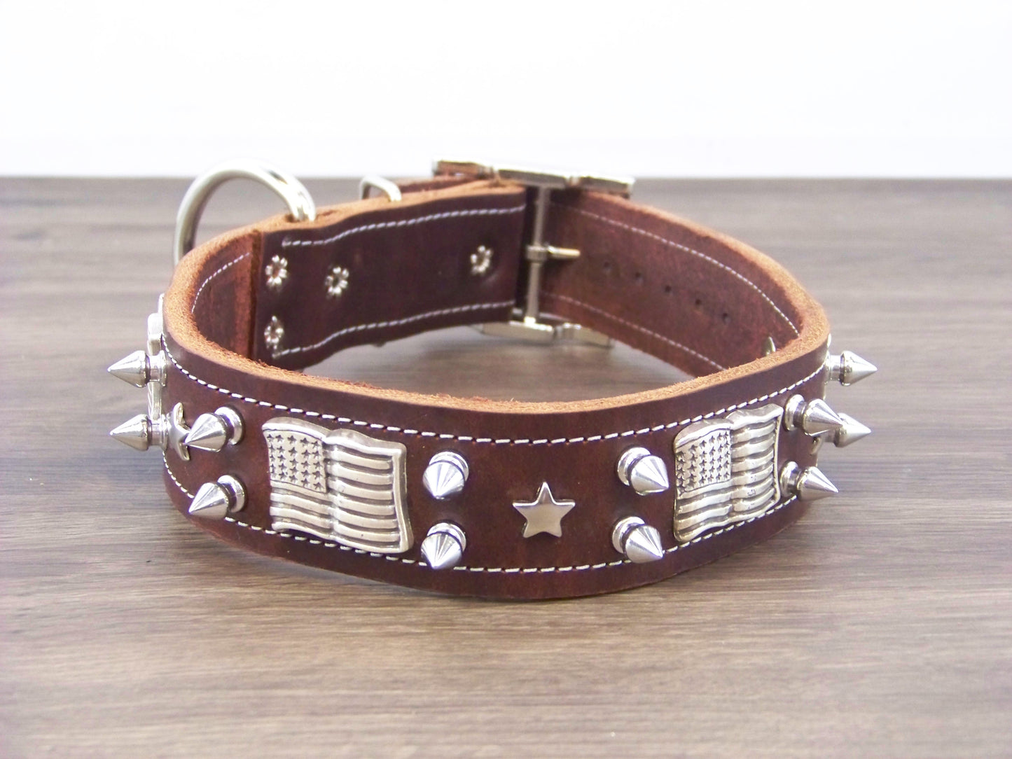 D) 1-1/2' Wide Leather Dog Collar - ON SALE - The Patriot - Spikes with Stars and Stripes Concho