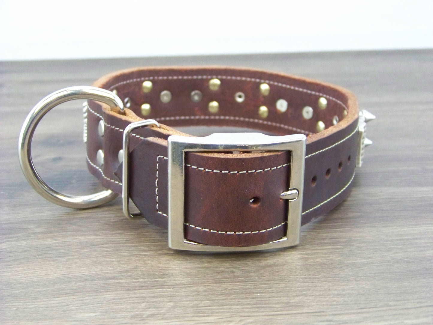 D) 1-1/2' Wide Leather Dog Collar - ON SALE - The Patriot - Spikes with Stars and Stripes Concho