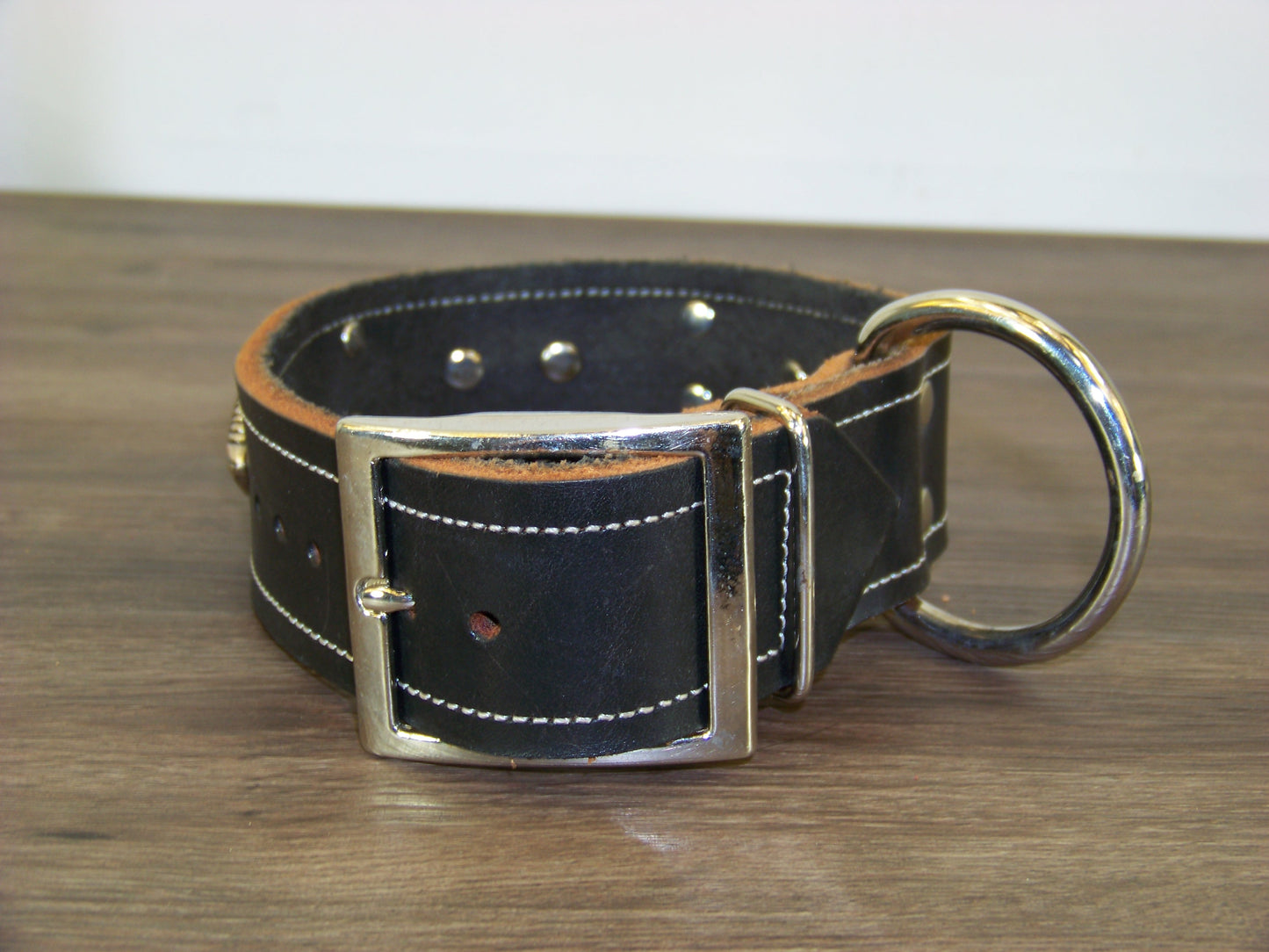 D) SALE - Durable Latigo Leather Dog Collar- 1-1/2" Wide- Aztec Conchos and Dome Rivets