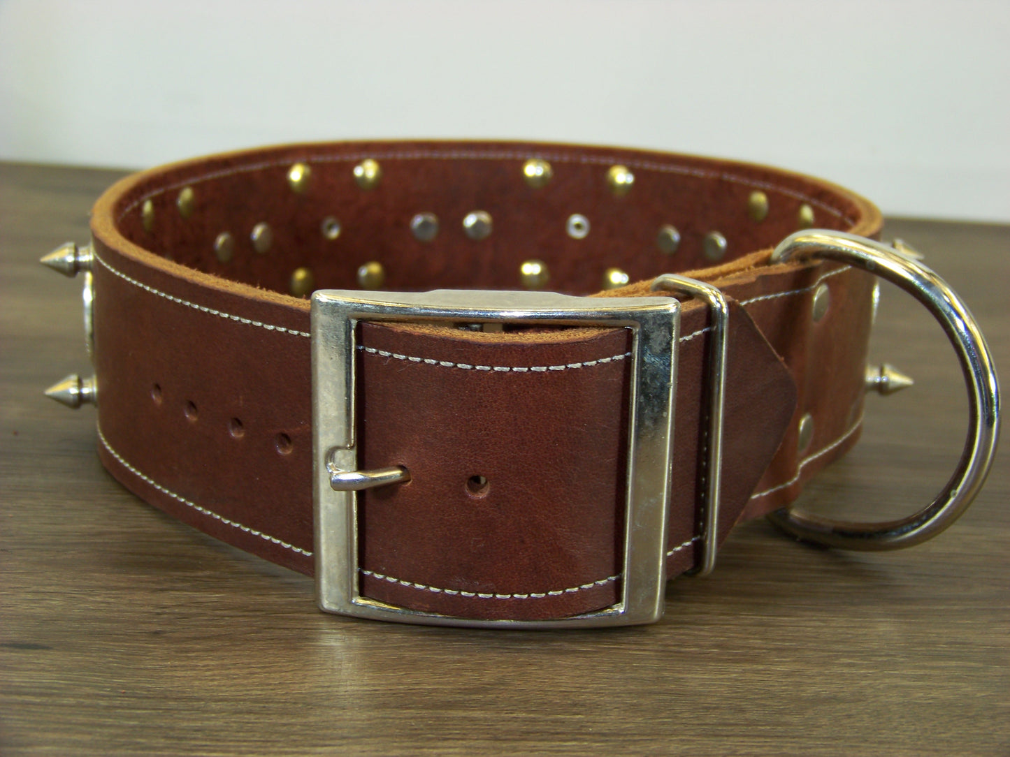 E) SALE - Durable Latigo Leather Dog Collar-2" Wide- Texas Conchos with Spikes