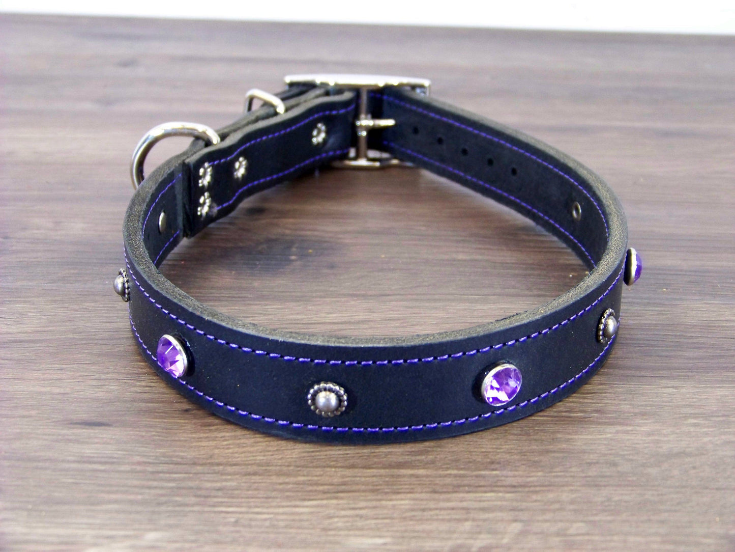 C) 1" Wide Leather Dog Collar- The Twinkler - Rhinestone Accents with Dome Rivets
