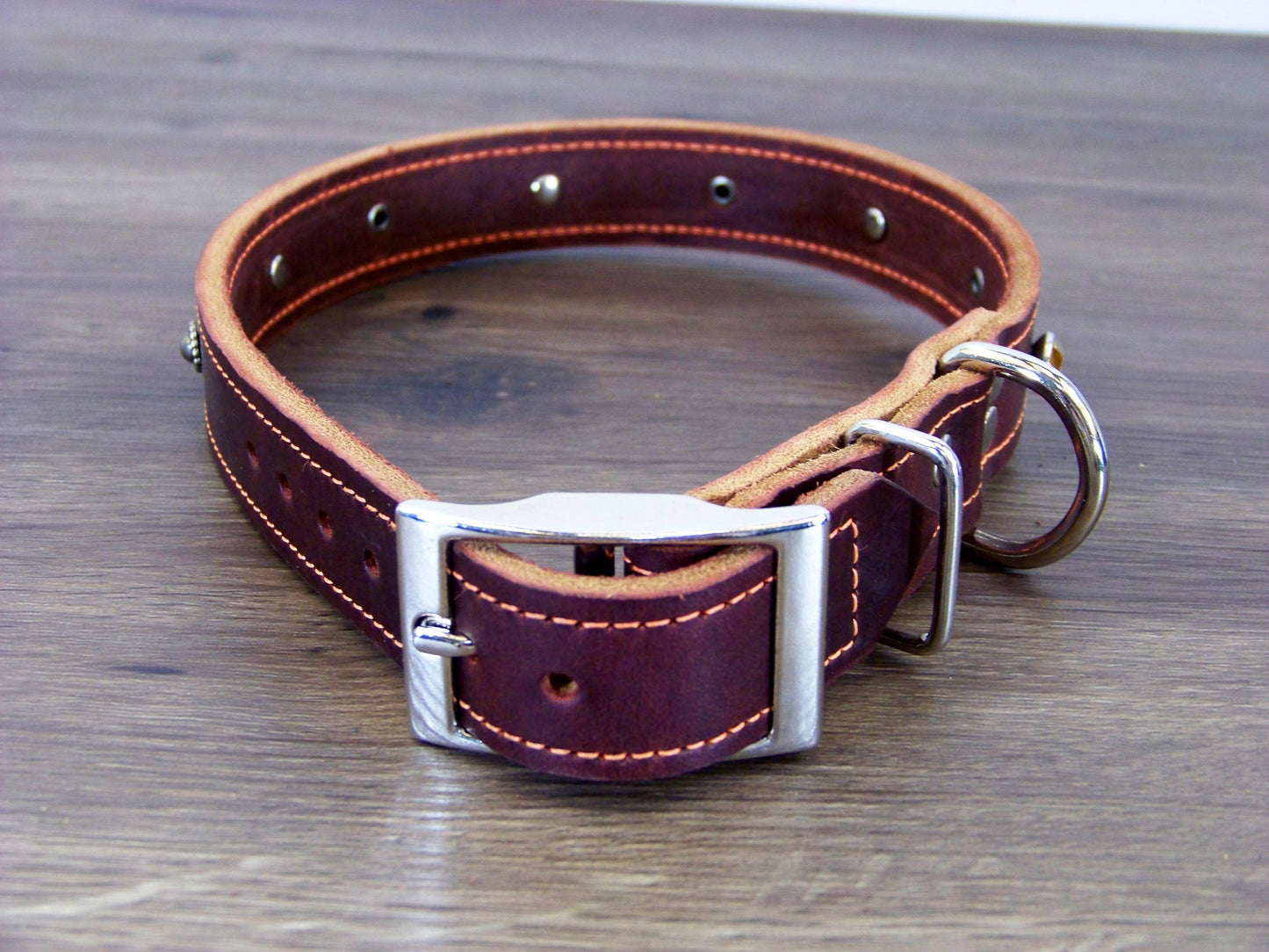 C) 1" Wide Leather Dog Collar- The Twinkler - Rhinestone Accents with Dome Rivets