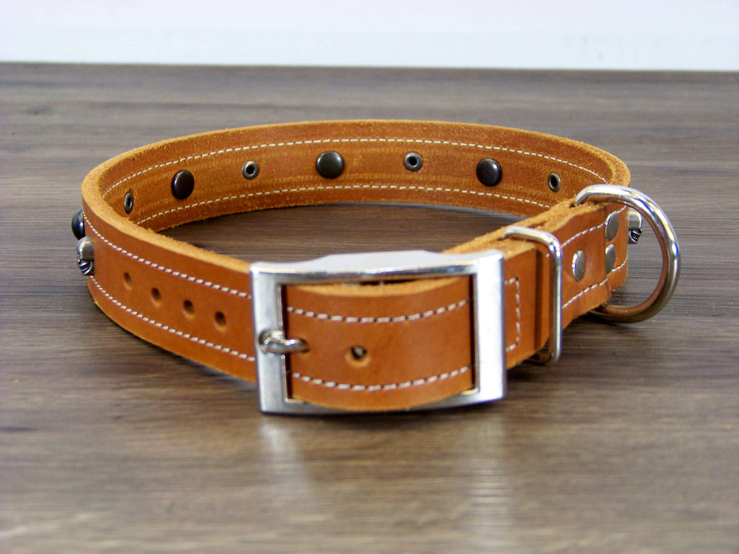 C) 1" Wide Leather Dog Collar - The Dark Angel II - Featuring Skull Concho with Black Dome Conchos