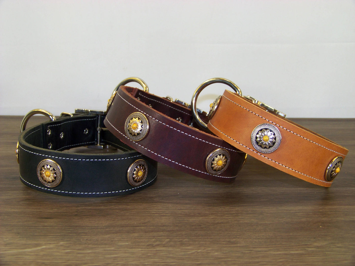 D) 1-1/2" Wide Leather Dog Collar - The Marigold - Featuring A Flower with Yellow Turquoise Concho