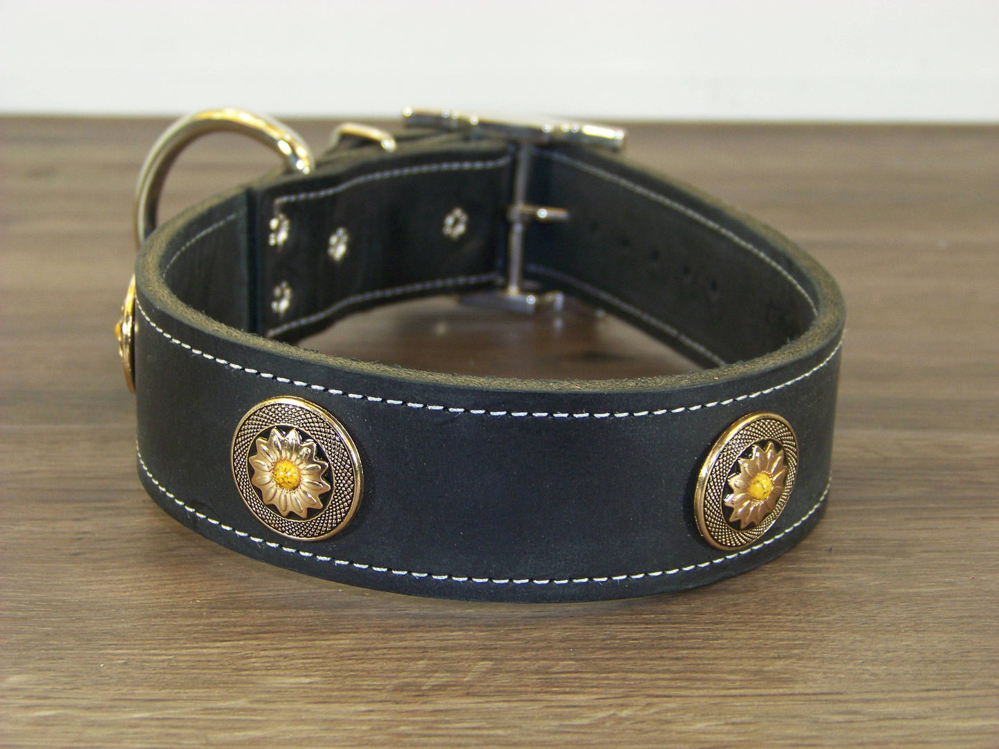 D) 1-1/2" Wide Leather Dog Collar - The Marigold - Featuring A Flower with Yellow Turquoise Concho