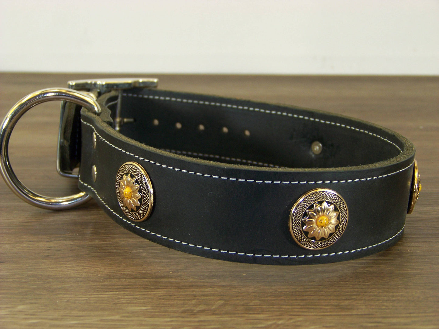 D) 1-1/2" Wide Leather Dog Collar - The Marigold - Featuring A Flower with Yellow Turquoise Concho