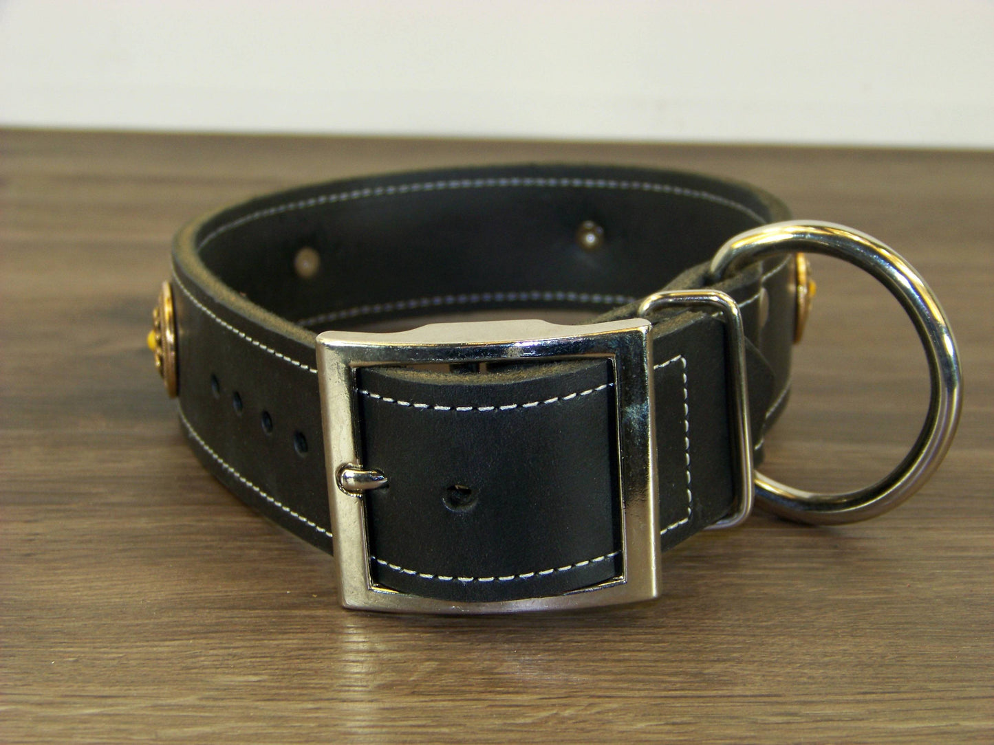 D) 1-1/2" Wide Leather Dog Collar - The Marigold - Featuring A Flower with Yellow Turquoise Concho