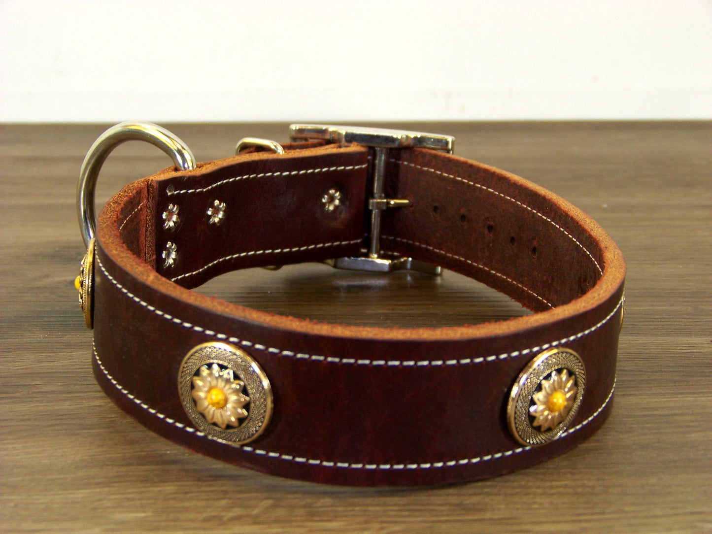 D) 1-1/2" Wide Leather Dog Collar - The Marigold - Featuring A Flower with Yellow Turquoise Concho