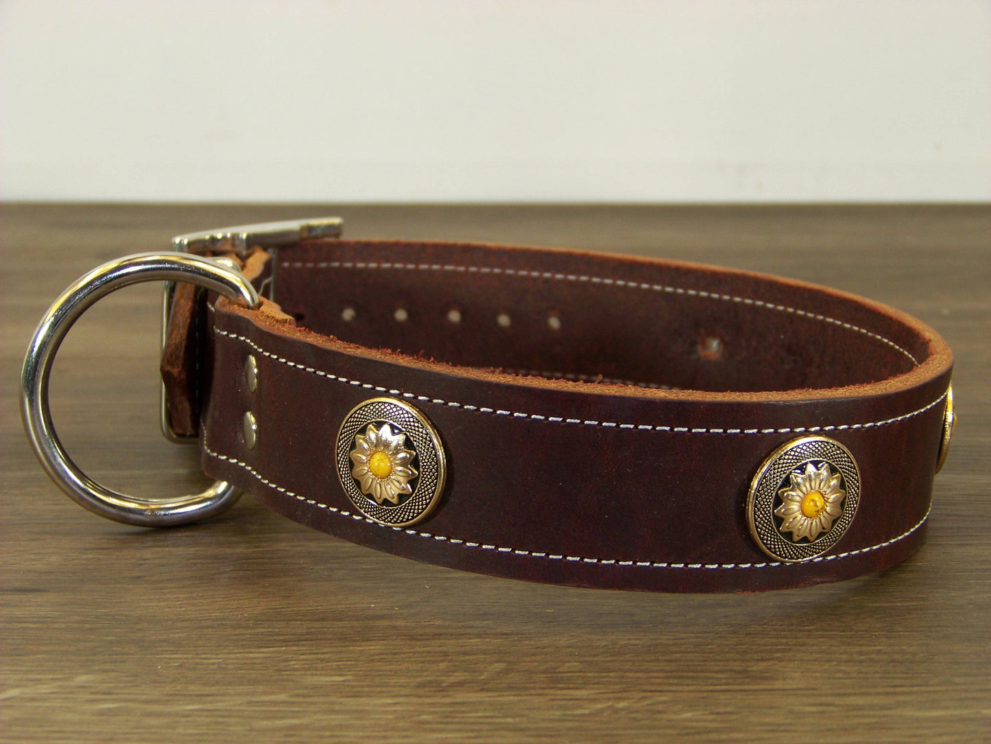D) 1-1/2" Wide Leather Dog Collar - The Marigold - Featuring A Flower with Yellow Turquoise Concho
