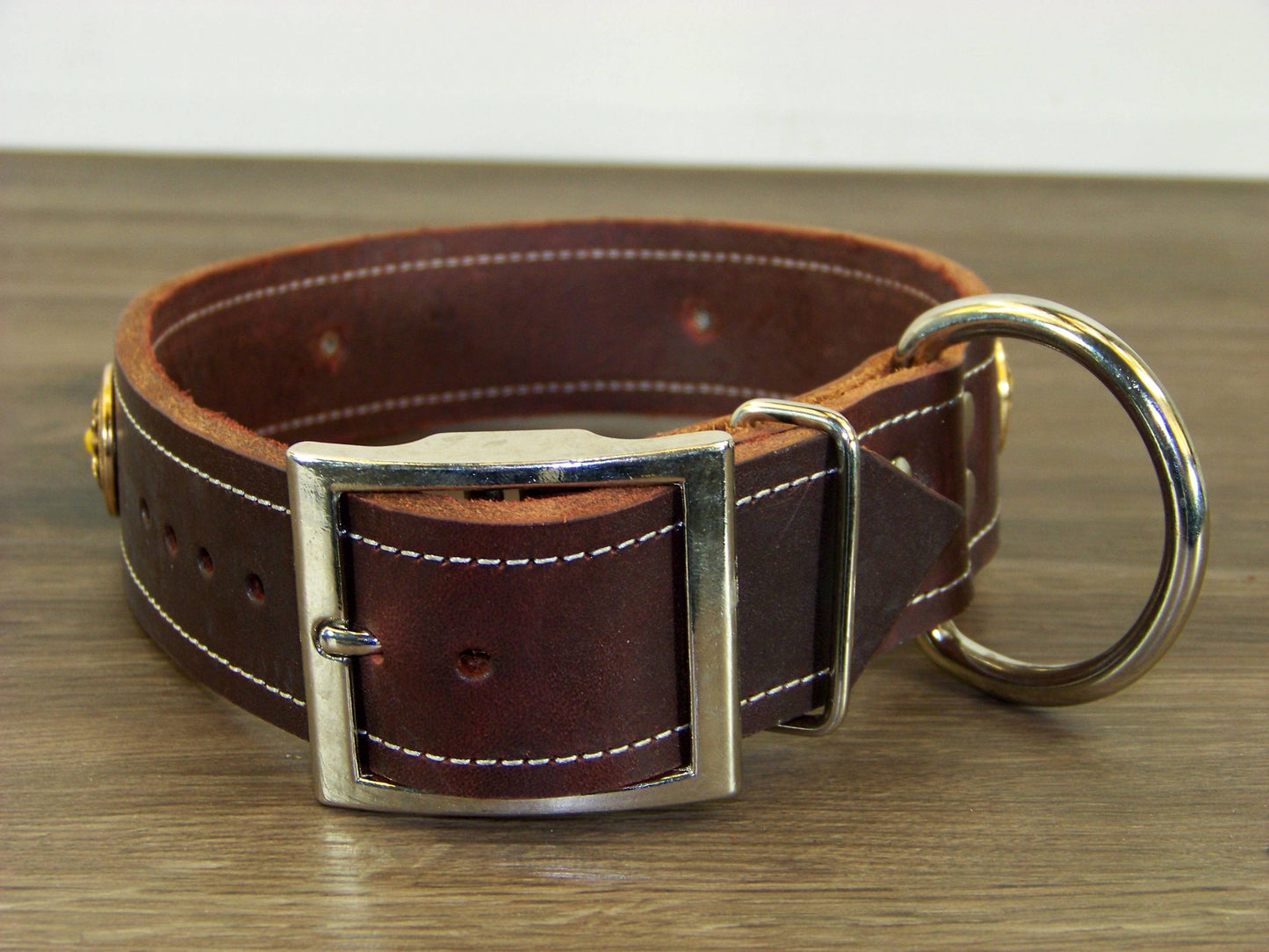 D) 1-1/2" Wide Leather Dog Collar - The Marigold - Featuring A Flower with Yellow Turquoise Concho
