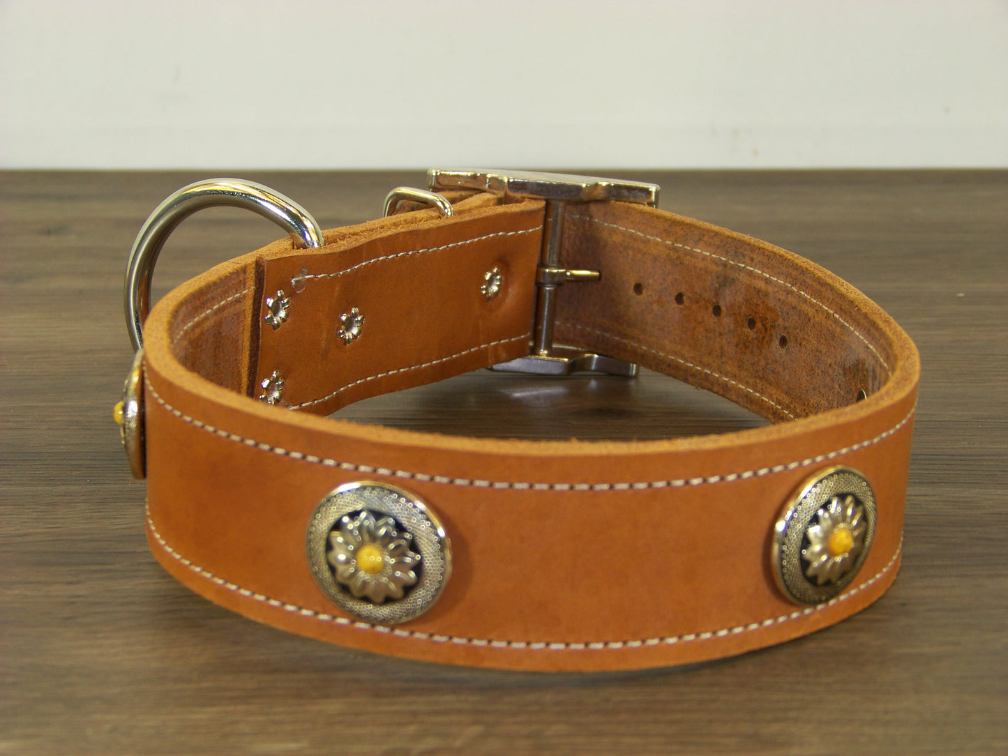 D) 1-1/2" Wide Leather Dog Collar - The Marigold - Featuring A Flower with Yellow Turquoise Concho