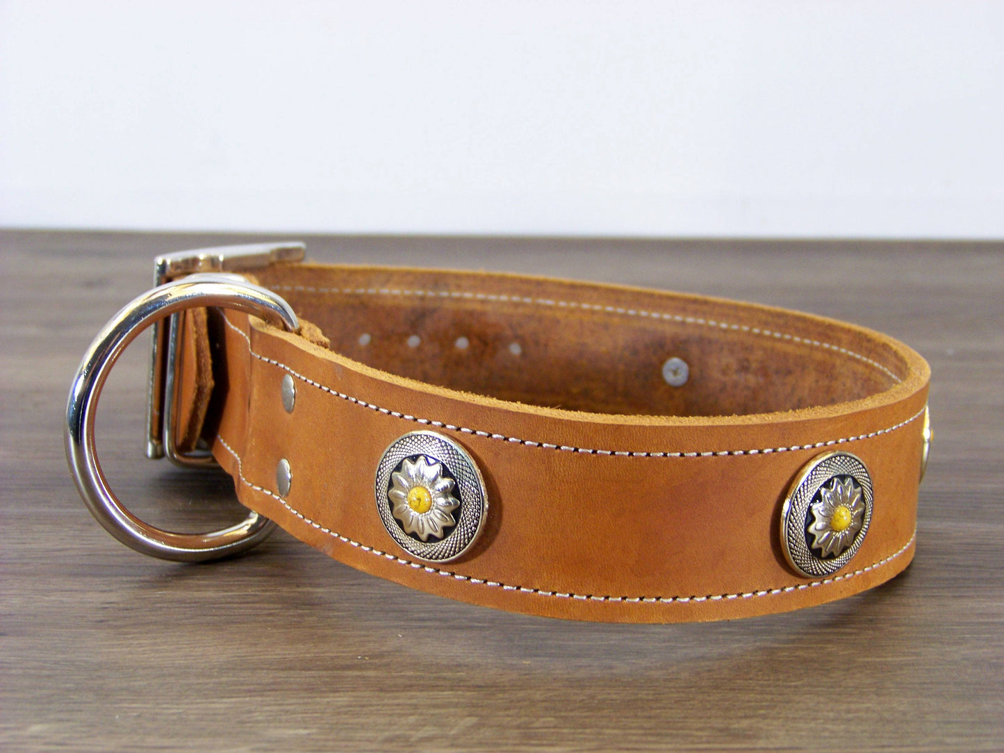 D) 1-1/2" Wide Leather Dog Collar - The Marigold - Featuring A Flower with Yellow Turquoise Concho