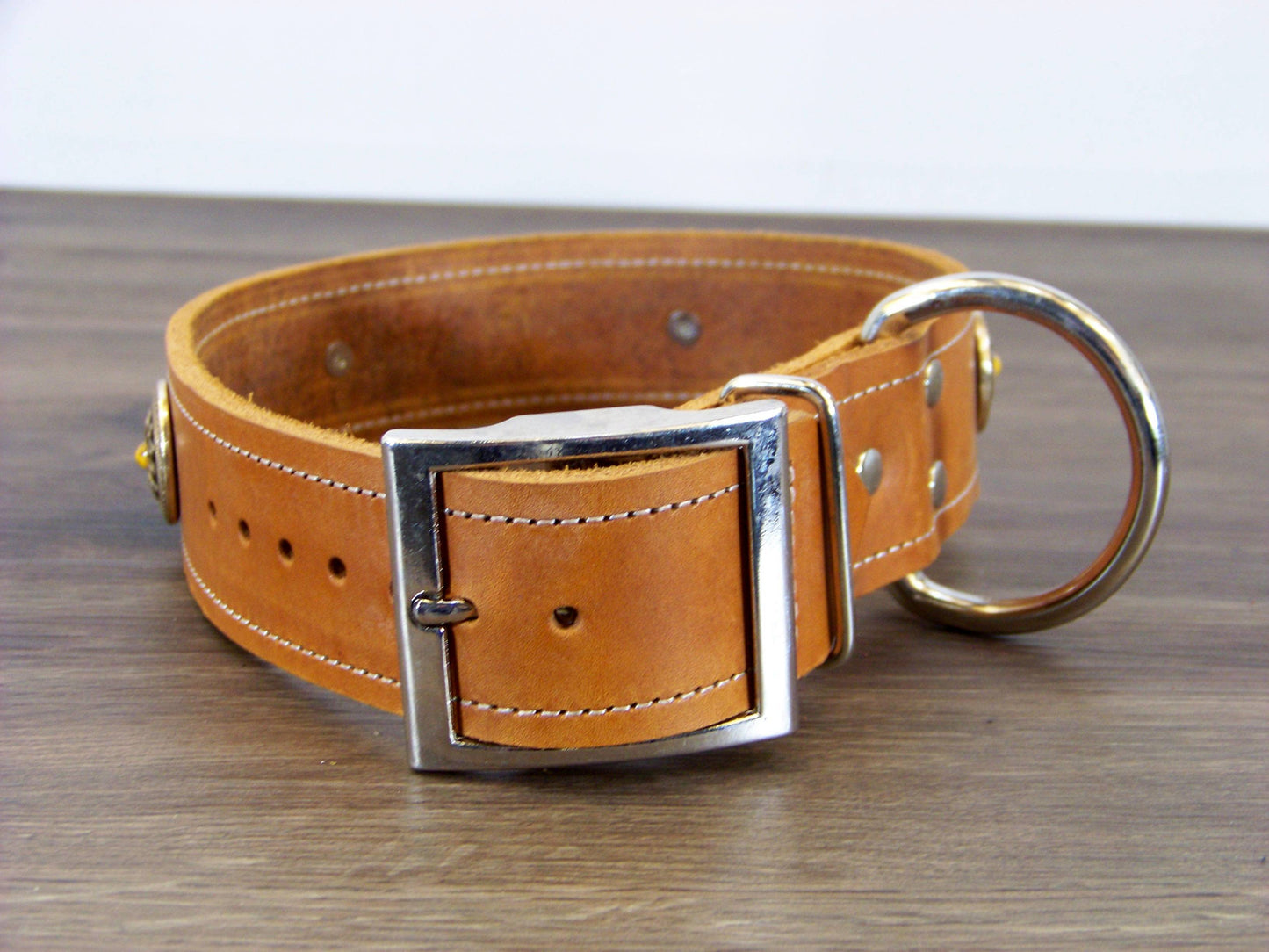 D) 1-1/2" Wide Leather Dog Collar - The Marigold - Featuring A Flower with Yellow Turquoise Concho