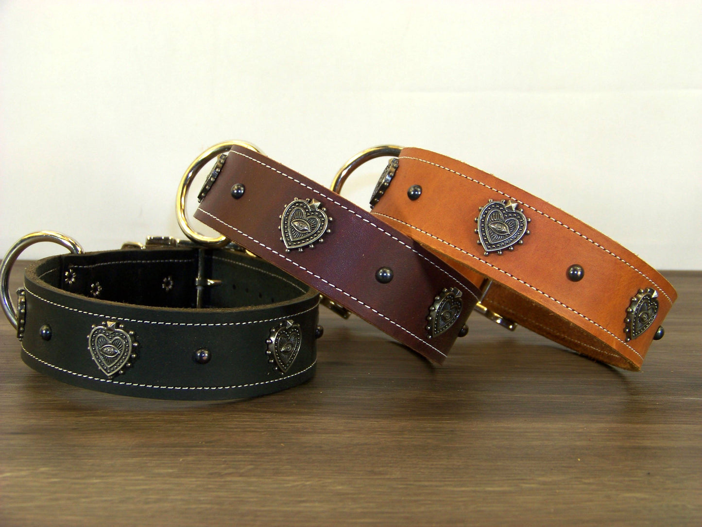 D) 1-1/2" Wide Leather Dog Collar - The Mystic Heart - All-Seeing Eye Heart Concho w/ Dome Rivet