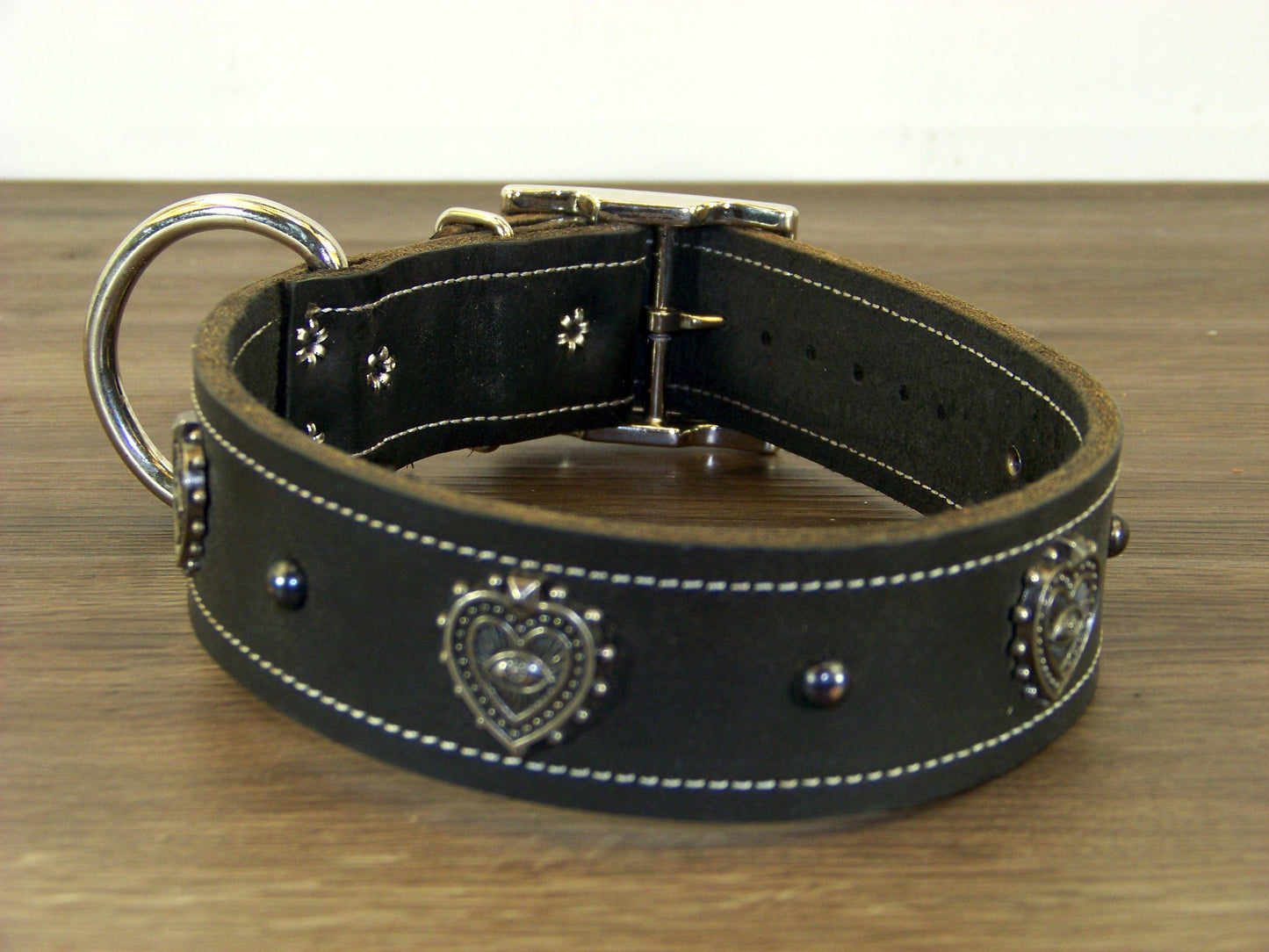 D) 1-1/2" Wide Leather Dog Collar - The Mystic Heart - All-Seeing Eye Heart Concho w/ Dome Rivet