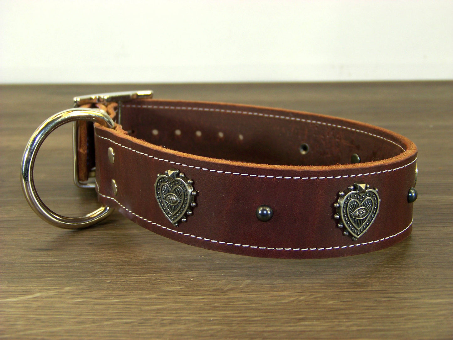 D) 1-1/2" Wide Leather Dog Collar - The Mystic Heart - All-Seeing Eye Heart Concho w/ Dome Rivet