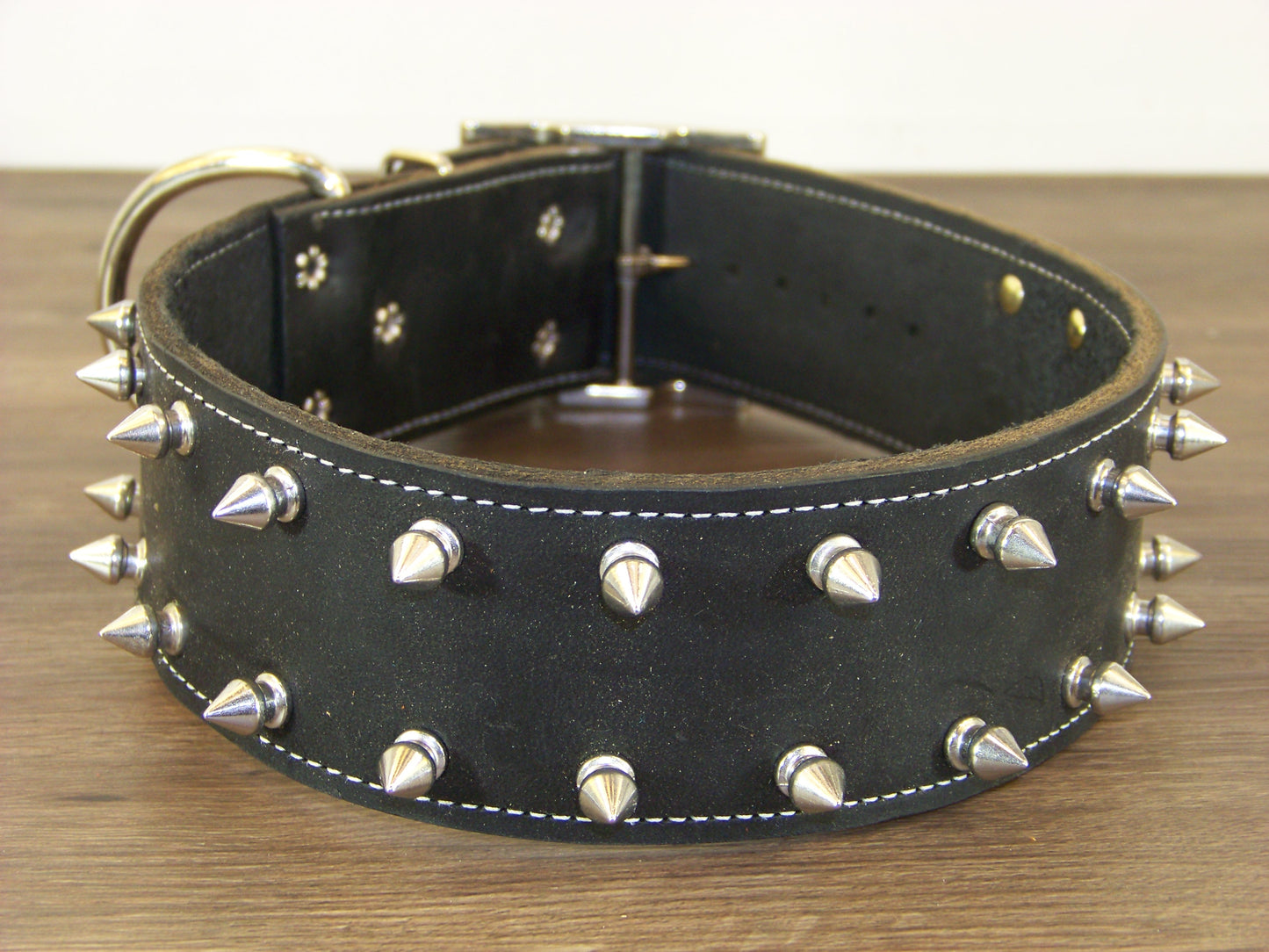 E) 2" Wide Leather Dog Collar - The Spyke-O-Maniac - Double Row 1/2" Stainless Spikes