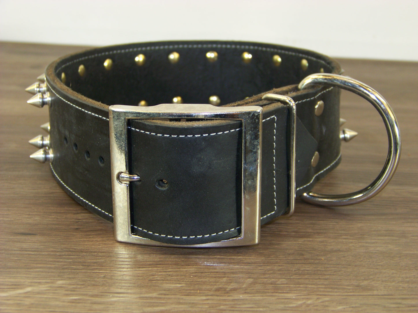 E) 2" Wide Leather Dog Collar - The Spyke-O-Maniac - Double Row 1/2" Stainless Spikes