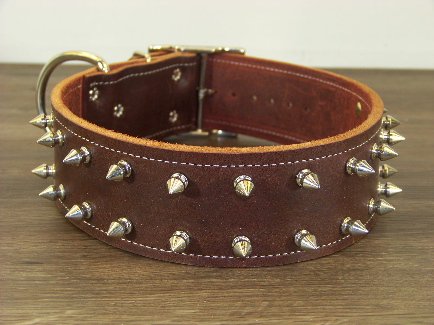E) 2" Wide Leather Dog Collar - The Spyke-O-Maniac - Double Row 1/2" Stainless Spikes