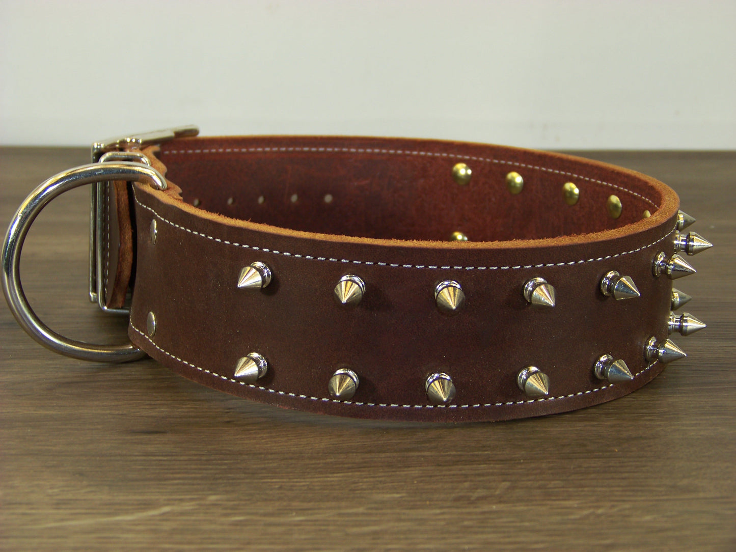 E) 2" Wide Leather Dog Collar - The Spyke-O-Maniac - Double Row 1/2" Stainless Spikes