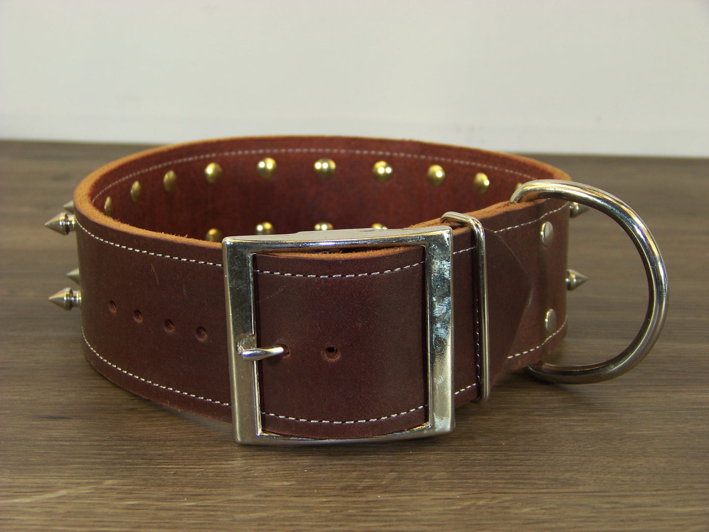 E) 2" Wide Leather Dog Collar - The Spyke-O-Maniac - Double Row 1/2" Stainless Spikes