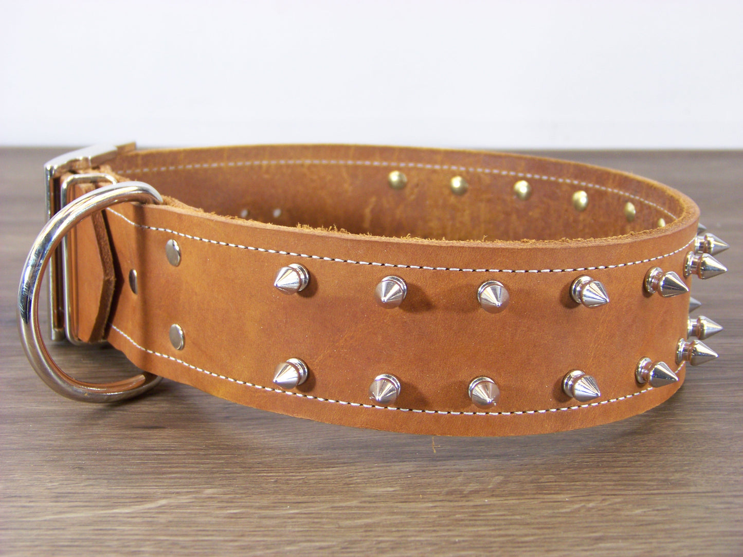 E) 2" Wide Leather Dog Collar - The Spyke-O-Maniac - Double Row 1/2" Stainless Spikes