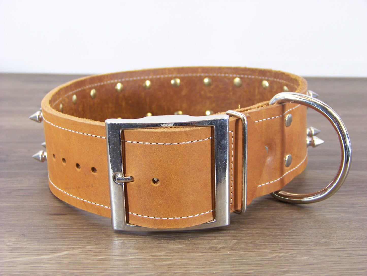 E) 2" Wide Leather Dog Collar - The Spyke-O-Maniac - Double Row 1/2" Stainless Spikes