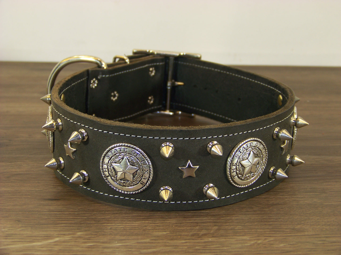 E) 2" Wide Leather Dog Collar- The Texas Ranger - 1/2" Stainless Spikes W/ State Seal of Texas Concho