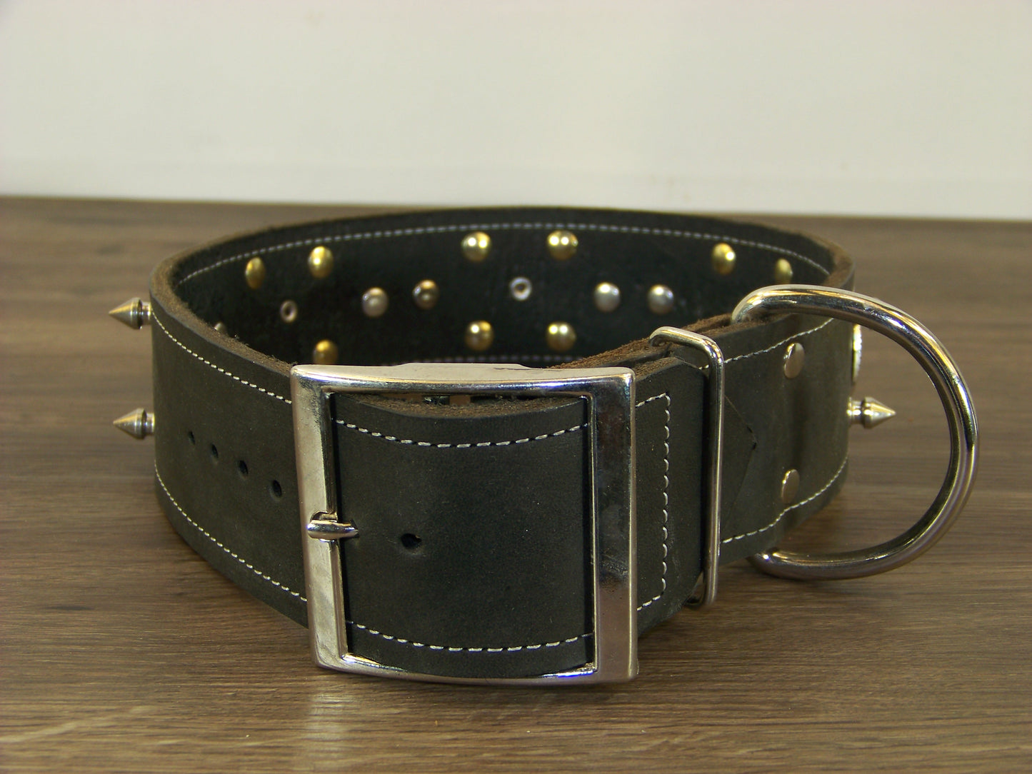 E) 2" Wide Leather Dog Collar- The Texas Ranger - 1/2" Stainless Spikes W/ State Seal of Texas Concho