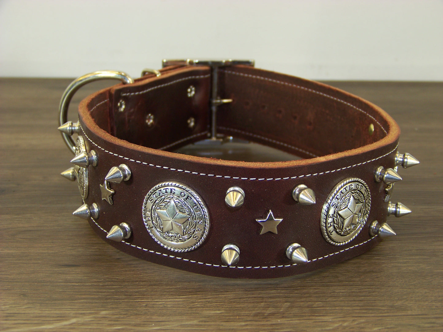 E) 2" Wide Leather Dog Collar- The Texas Ranger - 1/2" Stainless Spikes W/ State Seal of Texas Concho