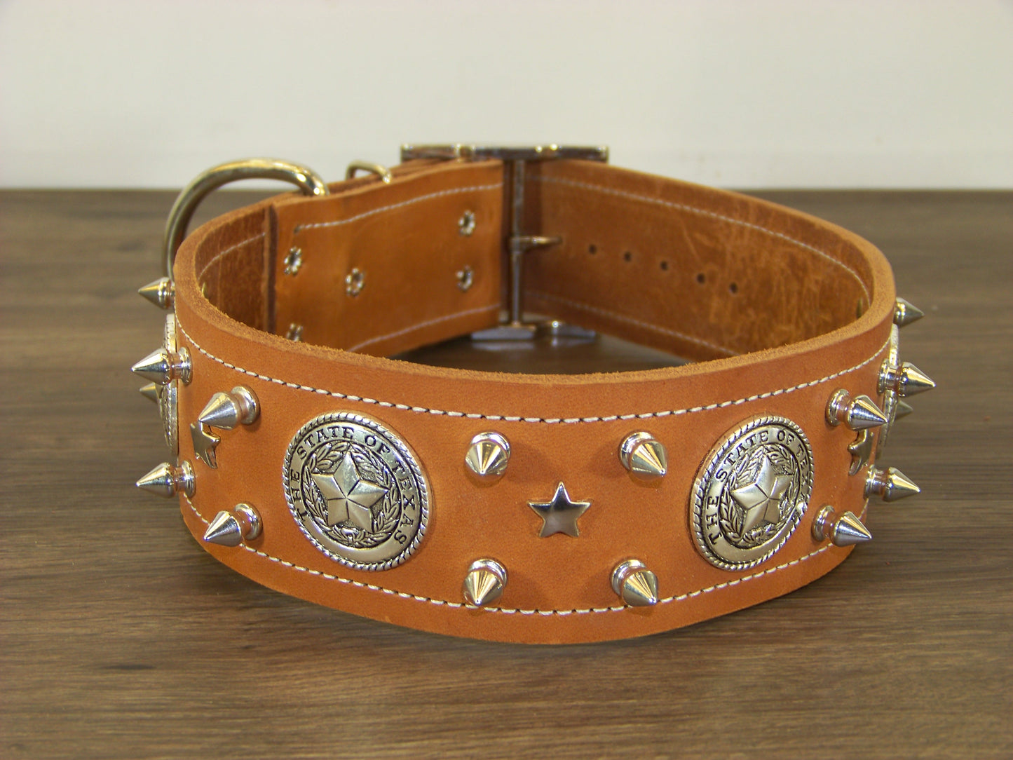 E) 2" Wide Leather Dog Collar- The Texas Ranger - 1/2" Stainless Spikes W/ State Seal of Texas Concho