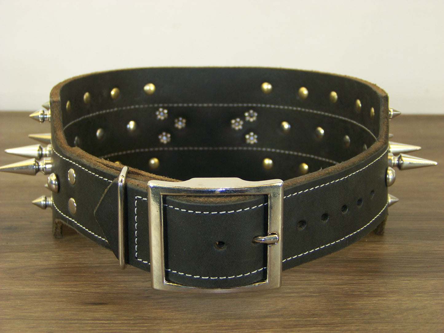 F) 3" Wide Leather Dog Collar- The Black Mamba - Tripple Row Spikes 1-1/4" Row and Two 1/4" Rows