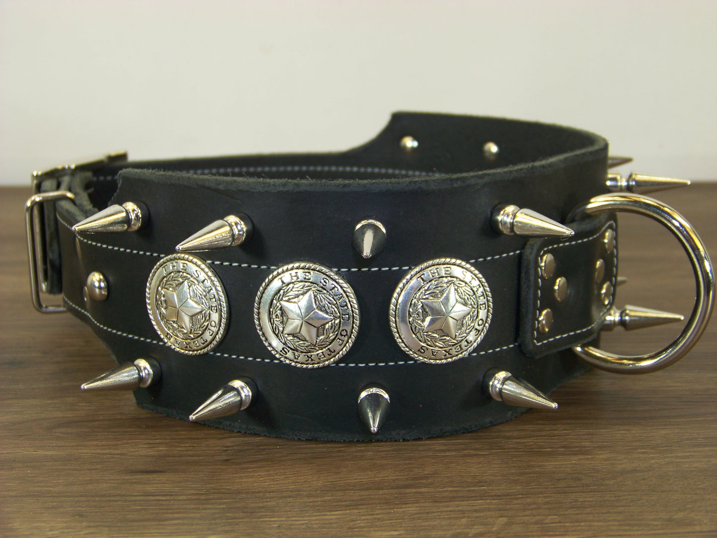 F) 3" Wide Leather Dog Collar -The Texas Ranger II - Double Row of 1-1/4" Spikes with The State Seal of Texas Conchos