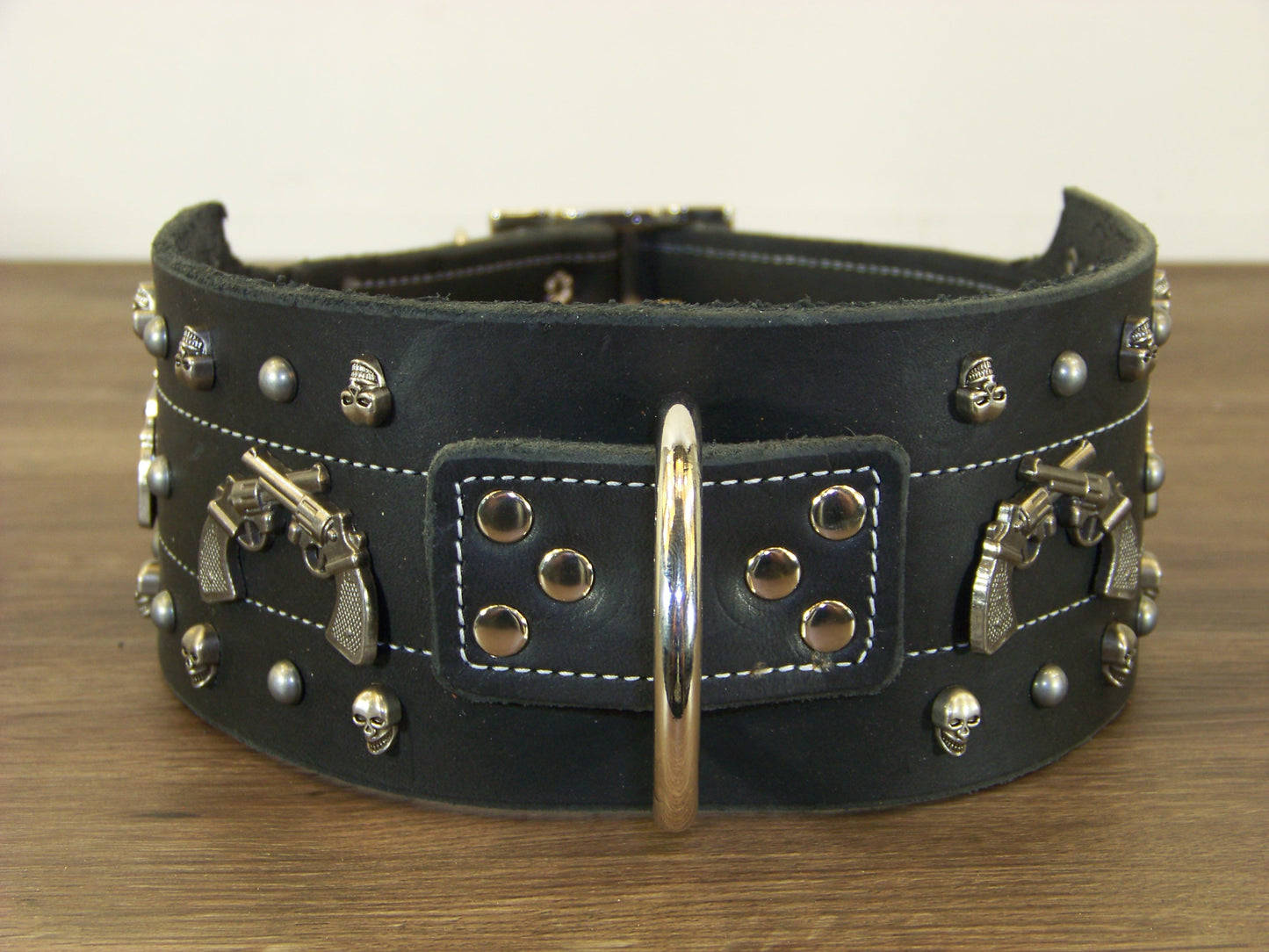 F) 3" Wide Leather Dog Collar- The Six Shooter - Six Gun Conchos w/ Skull and Dome Accents