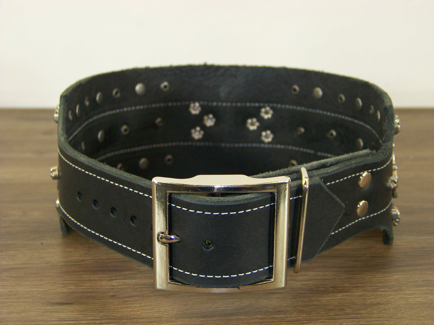 F) 3" Wide Leather Dog Collar- The Six Shooter - Six Gun Conchos w/ Skull and Dome Accents