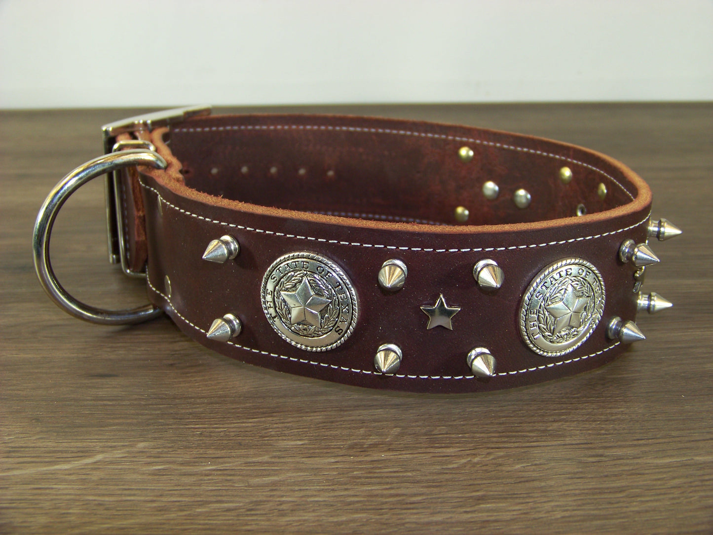 E) 2" Wide Leather Dog Collar- The Texas Ranger - 1/2" Stainless Spikes W/ State Seal of Texas Concho