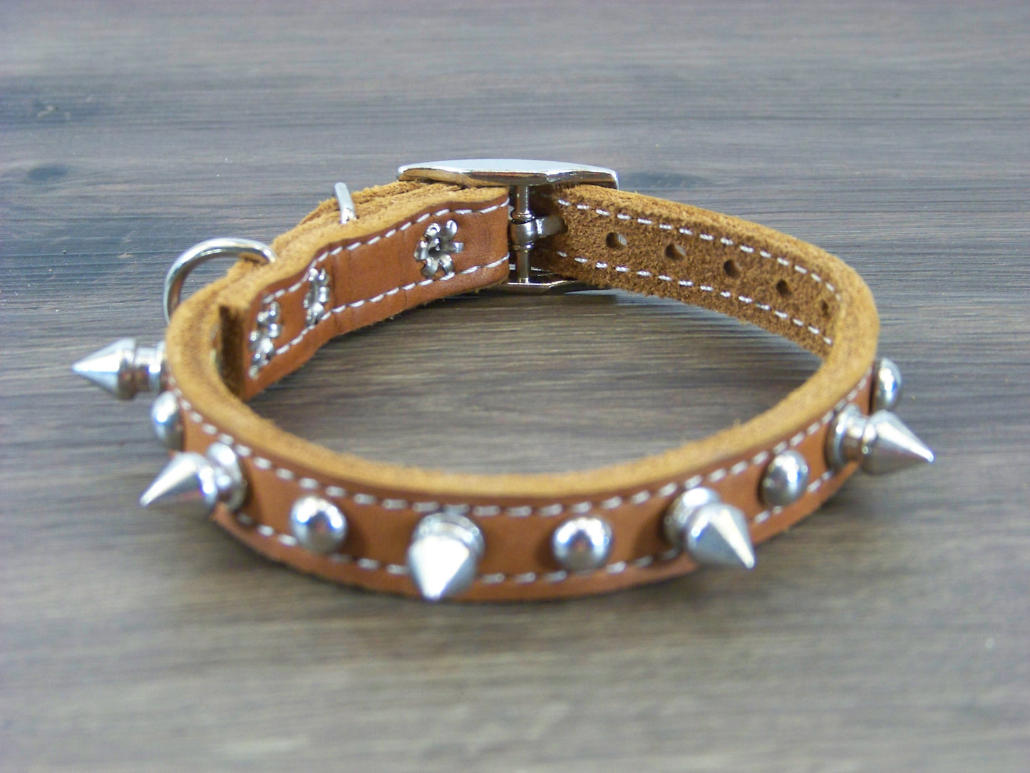 A) 1/2" Wide Miniature Leather Dog Collar - The Spyke-O-Rama - Featuring Spike Rivets and Stainless Dome Rivet
