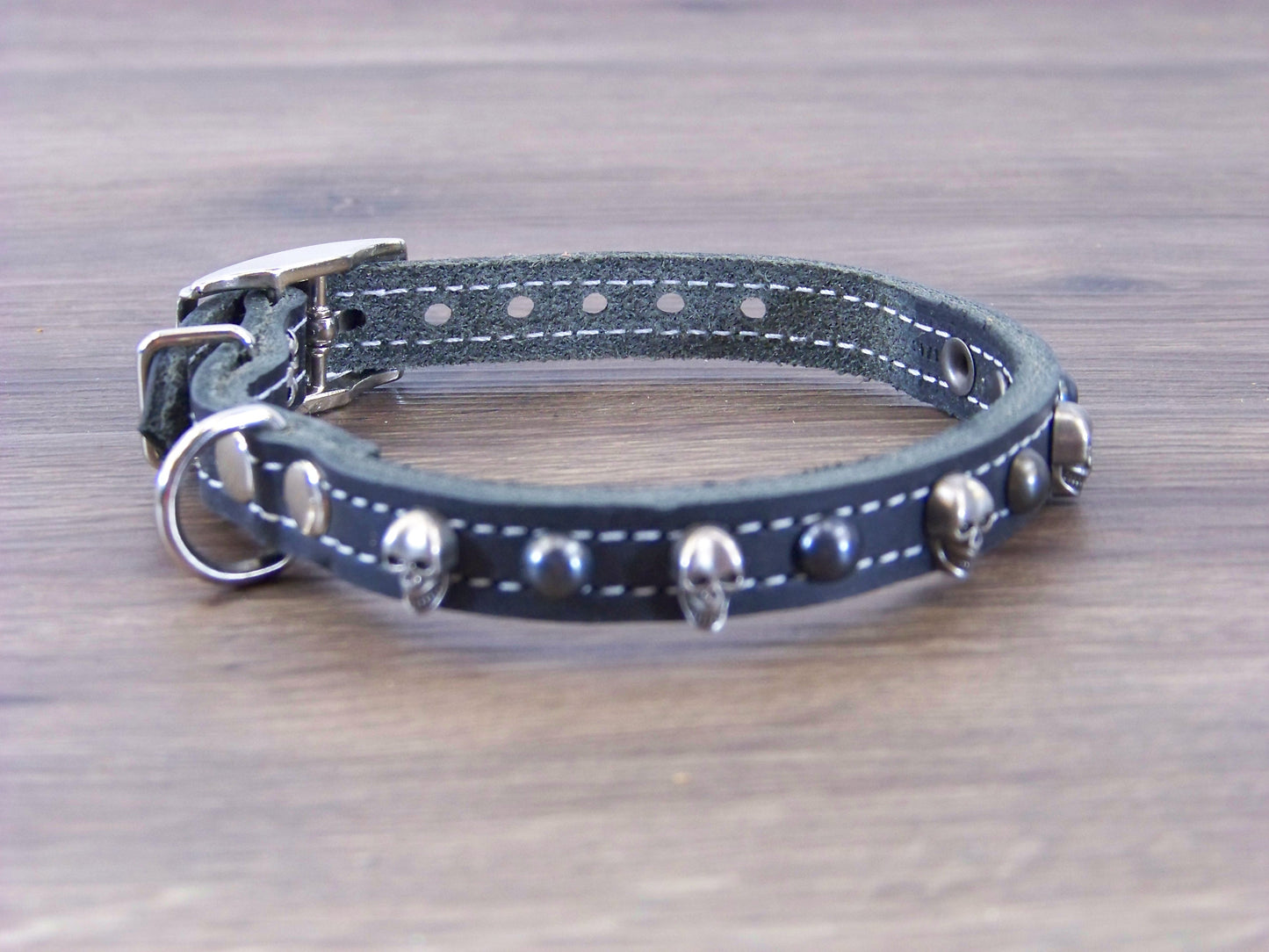 A) 1/2" Wide Miniature Leather Dog Collar- The Dark Angel - Featuring a Skull Concho and Dome Rivet