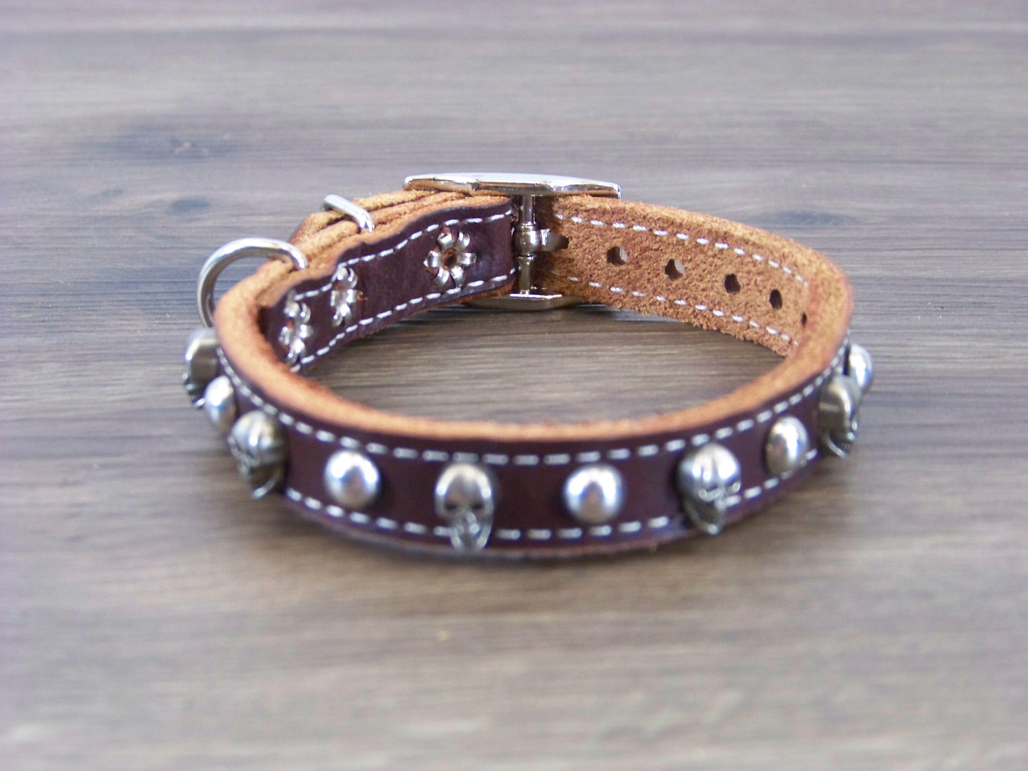 A) 1/2" Wide Miniature Leather Dog Collar- The Dark Angel - Featuring a Skull Concho and Dome Rivet