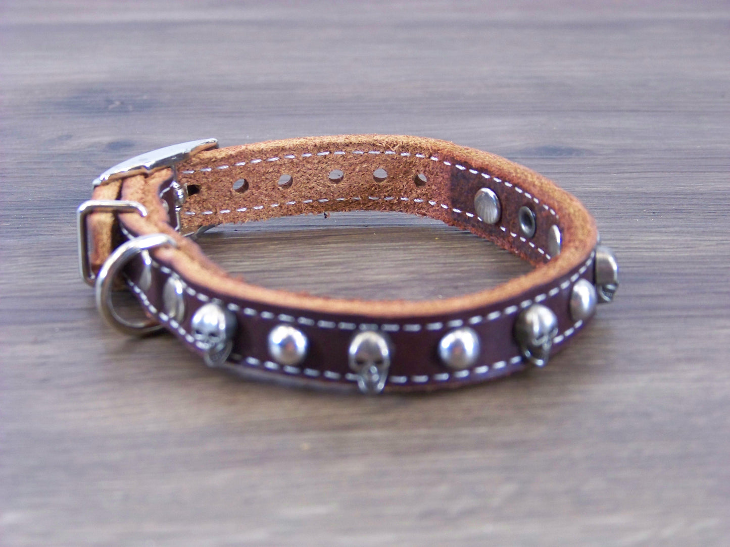A) 1/2" Wide Miniature Leather Dog Collar- The Dark Angel - Featuring a Skull Concho and Dome Rivet