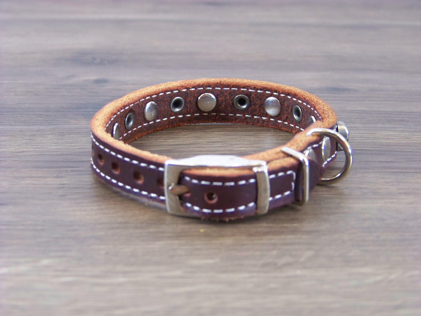 A) 1/2" Wide Miniature Leather Dog Collar- The Dark Angel - Featuring a Skull Concho and Dome Rivet