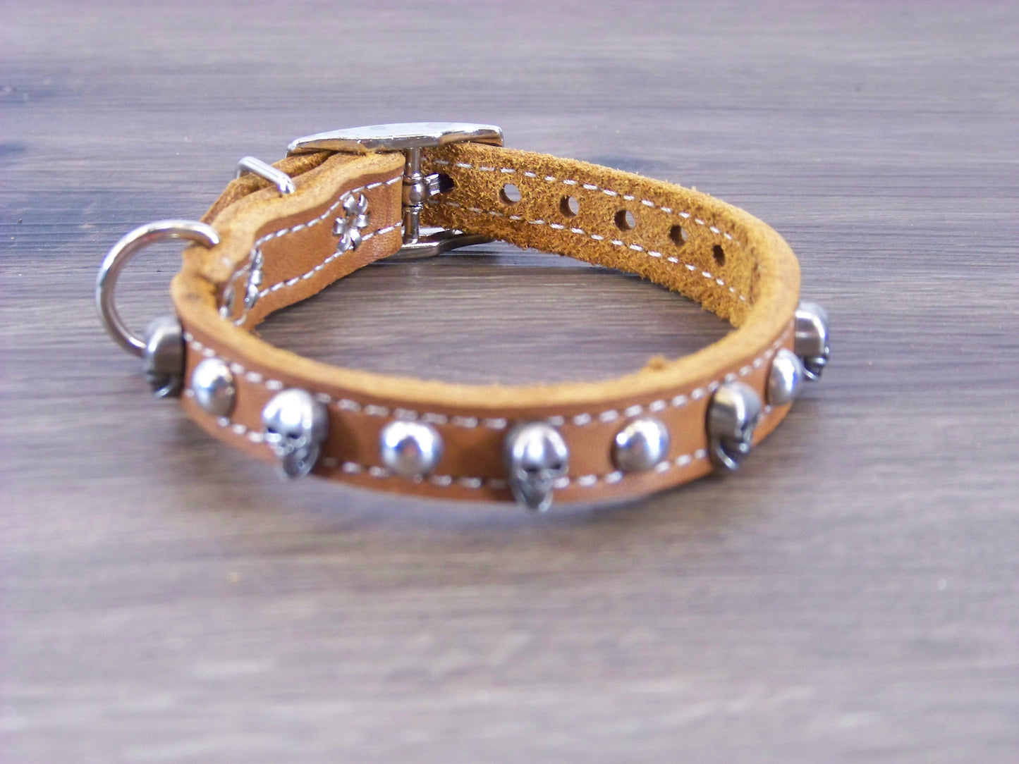 A) 1/2" Wide Miniature Leather Dog Collar- The Dark Angel - Featuring a Skull Concho and Dome Rivet