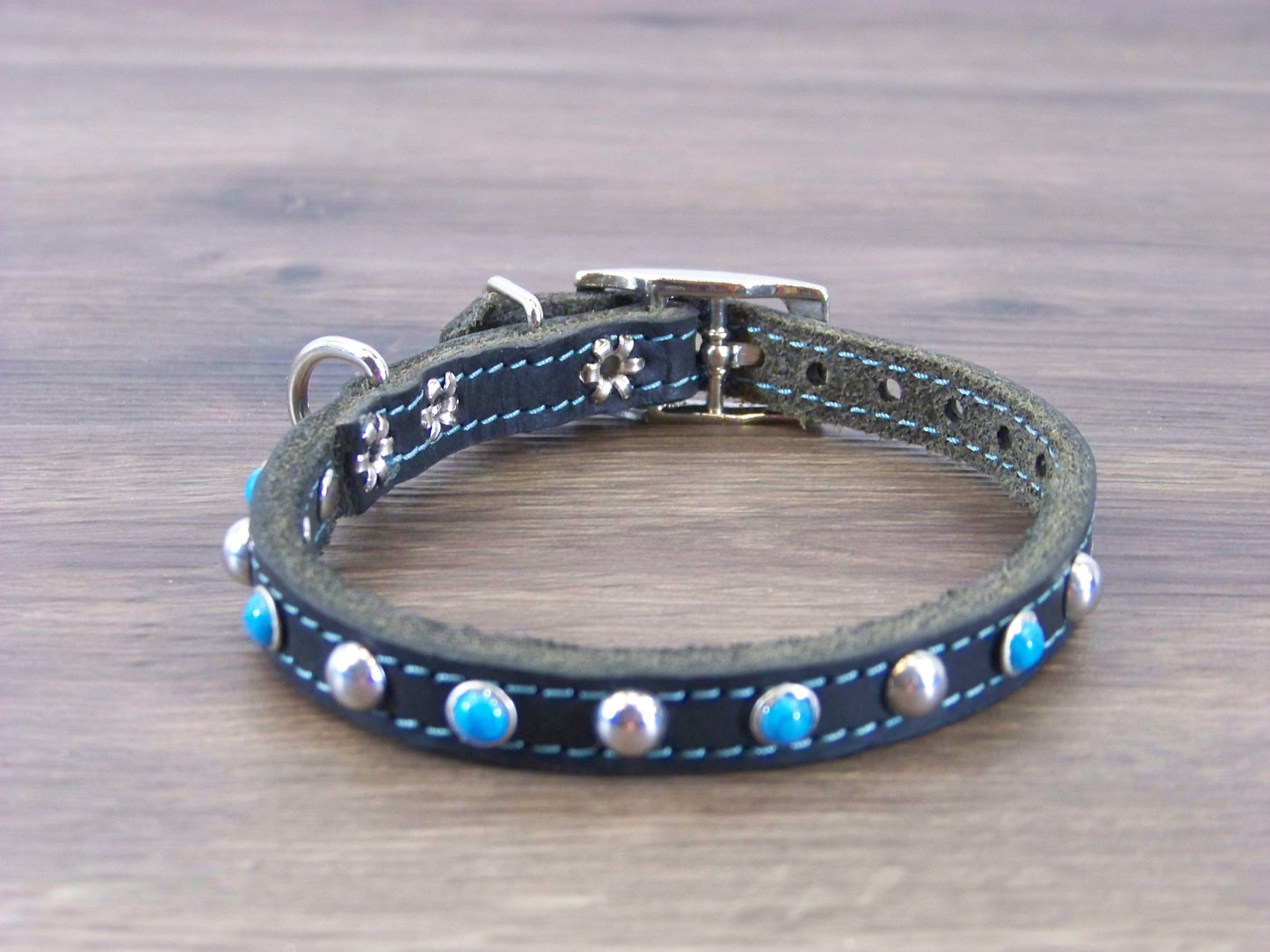 A) 1/2" Wide Miniature Leather Dog Collar - -The Sante Fe - Featuring Blue Turquoise and Stainless Dome Rivets
