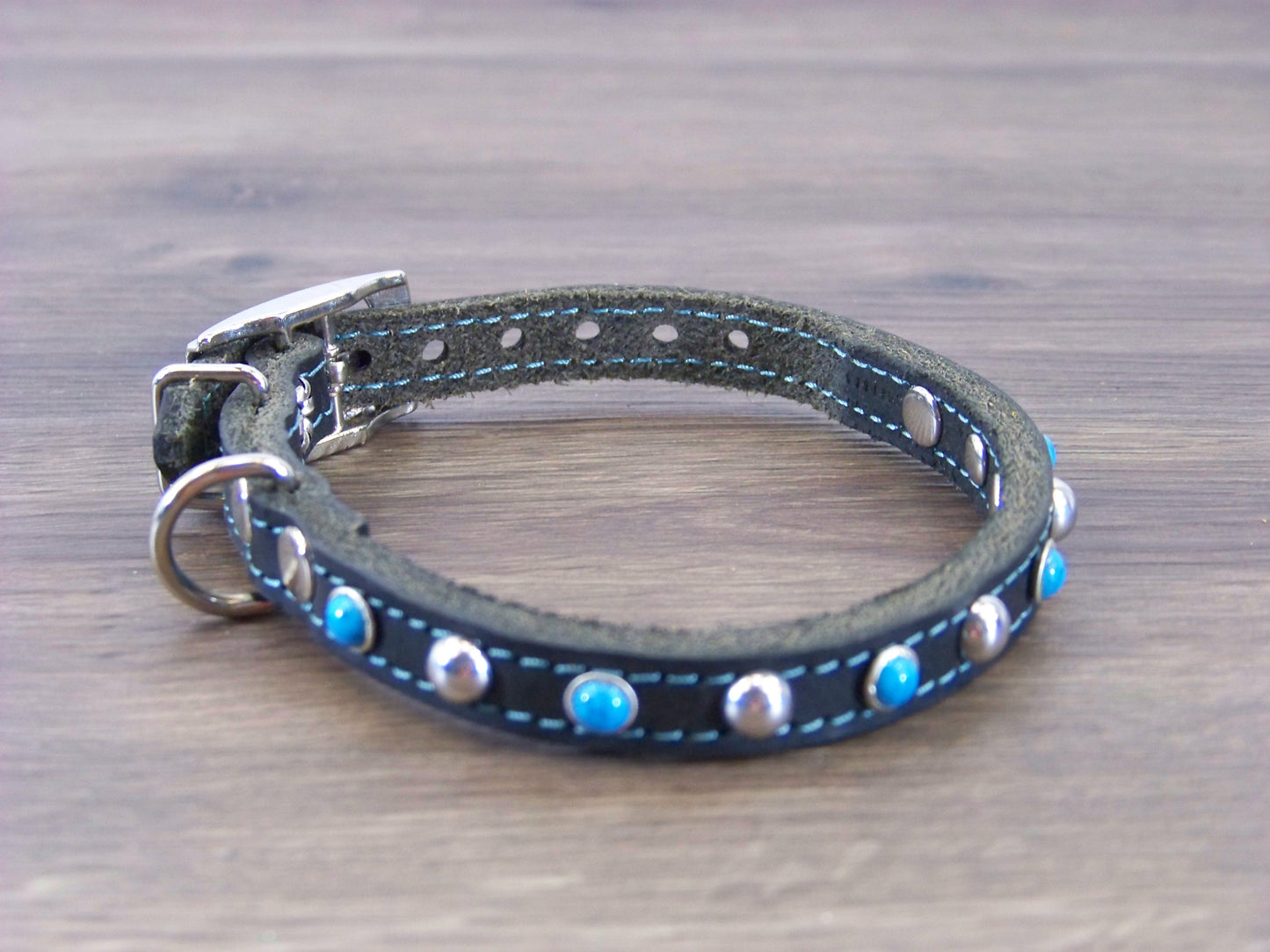 A) 1/2" Wide Miniature Leather Dog Collar - -The Sante Fe - Featuring Blue Turquoise and Stainless Dome Rivets