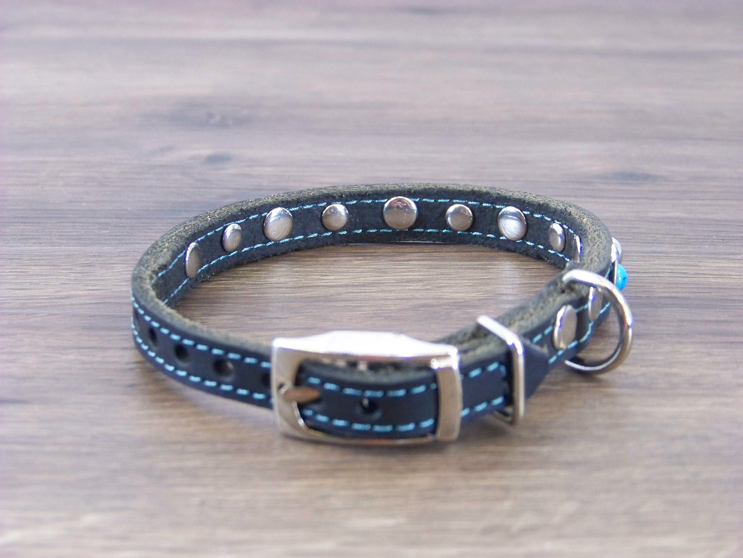 A) 1/2" Wide Miniature Leather Dog Collar - -The Sante Fe - Featuring Blue Turquoise and Stainless Dome Rivets