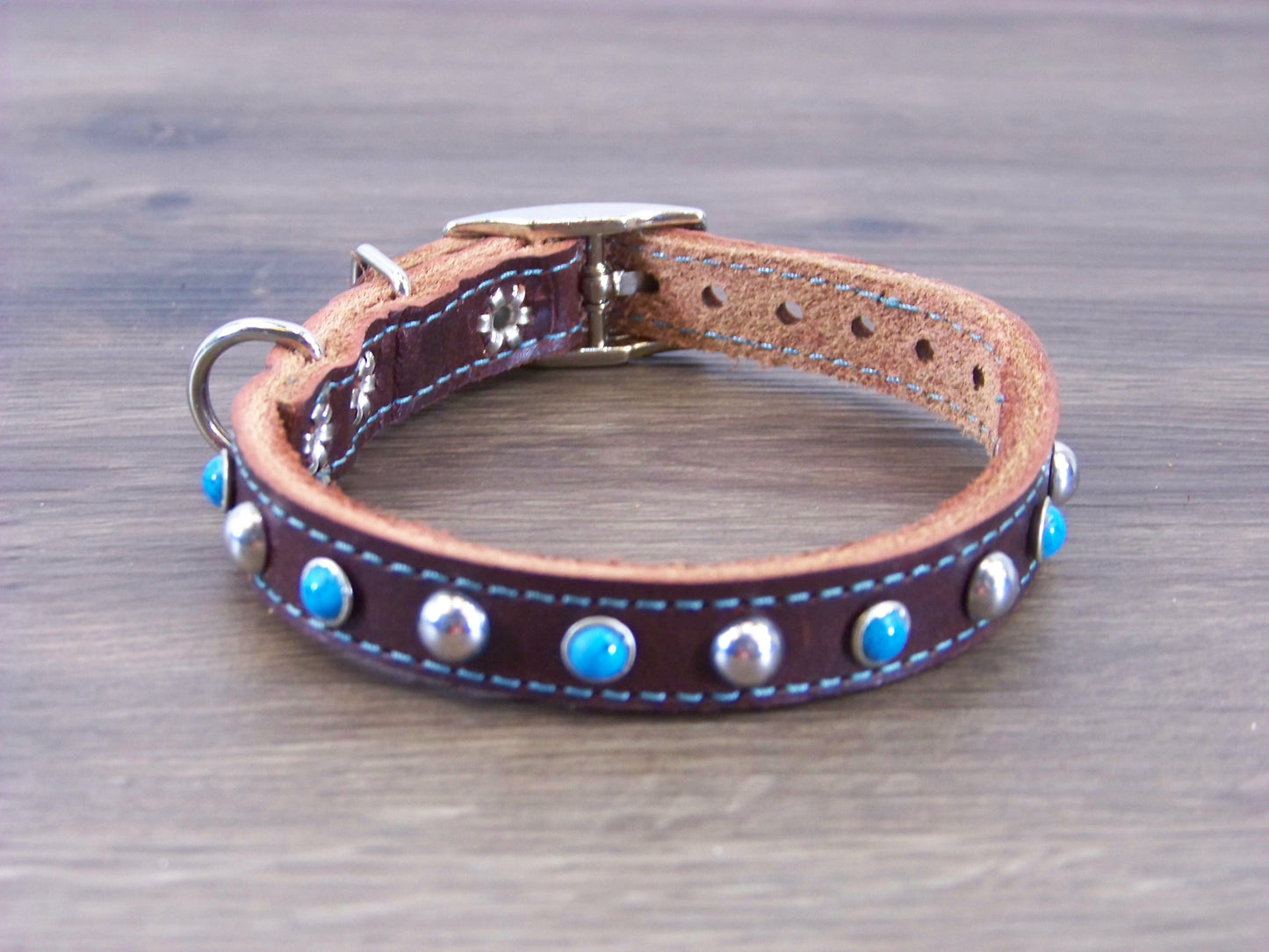 A) 1/2" Wide Miniature Leather Dog Collar - -The Sante Fe - Featuring Blue Turquoise and Stainless Dome Rivets