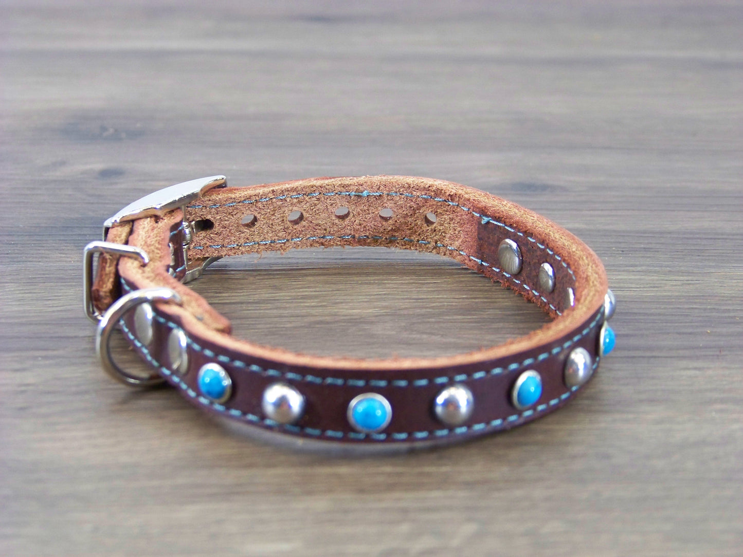 A) 1/2" Wide Miniature Leather Dog Collar - -The Sante Fe - Featuring Blue Turquoise and Stainless Dome Rivets