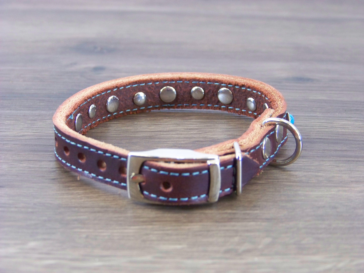 A) 1/2" Wide Miniature Leather Dog Collar - -The Sante Fe - Featuring Blue Turquoise and Stainless Dome Rivets