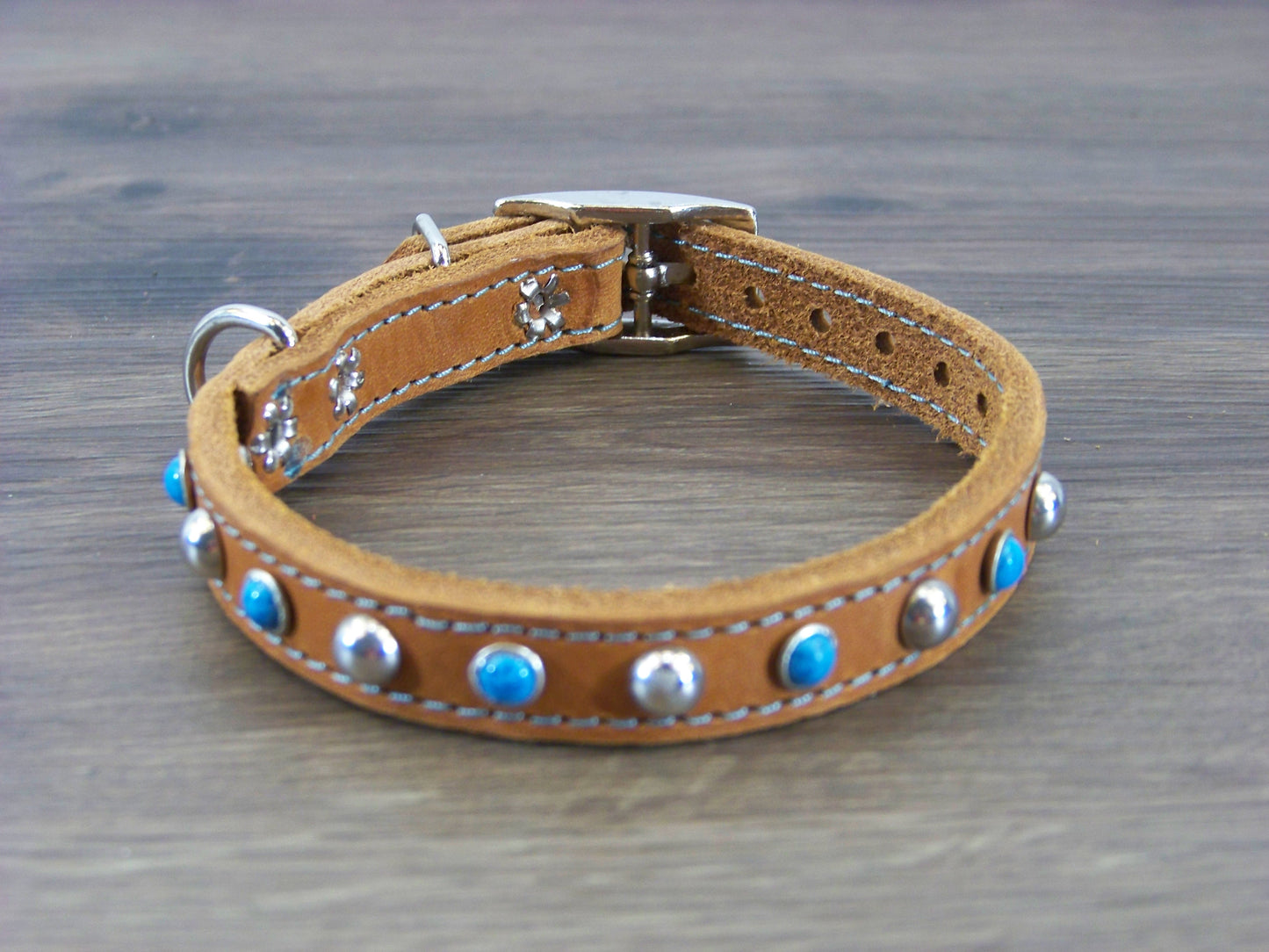 A) 1/2" Wide Miniature Leather Dog Collar - -The Sante Fe - Featuring Blue Turquoise and Stainless Dome Rivets